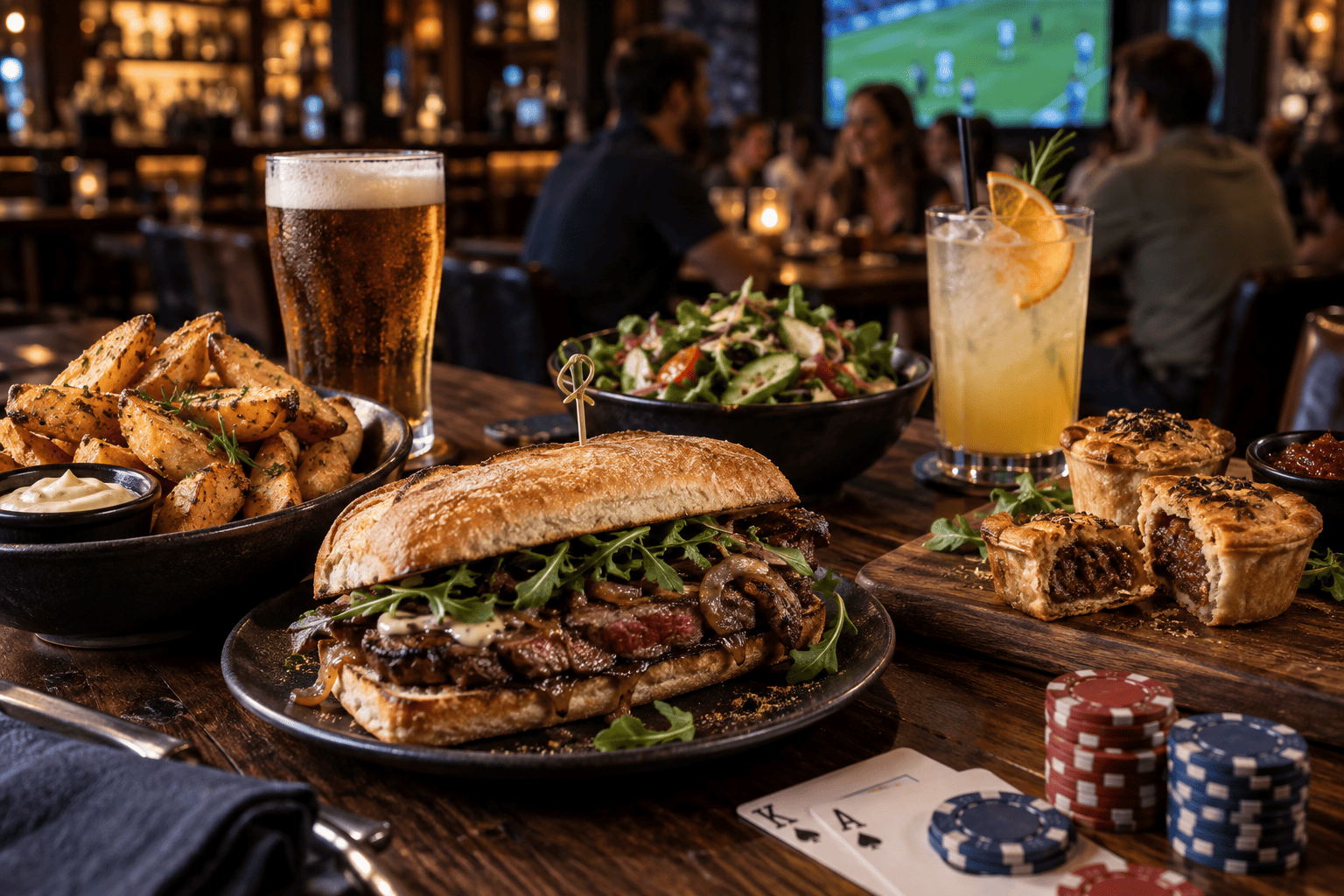 Australian-inspired pub food, an amber drink and a citrus mocktail on a dark timber table